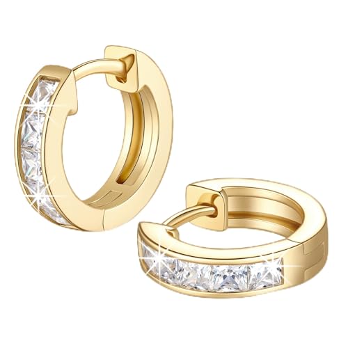 14K Gold Earrings for Women Gold Hoop Earrings for Women | Dainty Gold Earrings for Women Stylish 14K Gold Hoop Earrings for Women Square Cubic Zirconia Huggie Hoop Earrings 15/20/25mm - size: 15mm