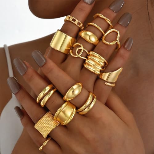 15 Pcs Gold Plated Knuckle Rings Set for Women, Statement Stackable Midi Rings, Dainty Chunky Stacking Statement Ring Pack