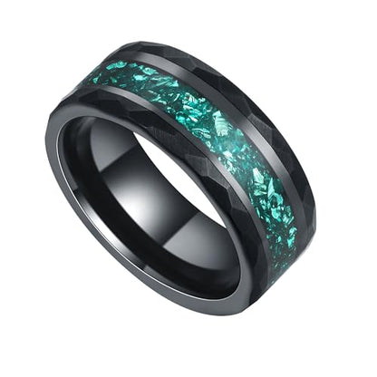 8mm Black Tungsten Mens Wedding Band with Moss Agate/Emerald/Citrine | Amethyst/Aquamarine, Gothic, Birthstone, Hammered, Engagement Promise Ring, Anniversary Valentine Day Birthday Gift for Him - style: Greenish Blue Aquamarine