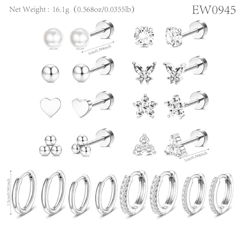 Stainless Steel Stud Earrings Set for Women Hypoallergenic Flat Back Cartilage Earrings Screw Back Huggie Hoop Earrings Multiple Piercing Cubic Zirconia Helix Tragus Jewelry - color: Set-B-Silver