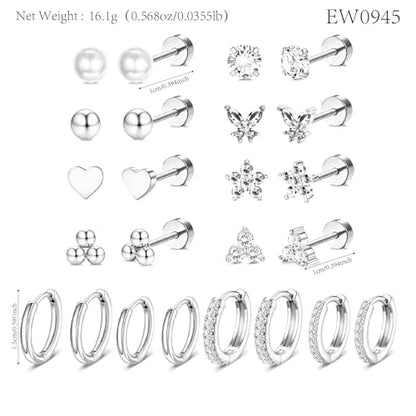 Stainless Steel Stud Earrings Set for Women Hypoallergenic Flat Back Cartilage Earrings Screw Back Huggie Hoop Earrings Multiple Piercing Cubic Zirconia Helix Tragus Jewelry - color: Set-B-Silver