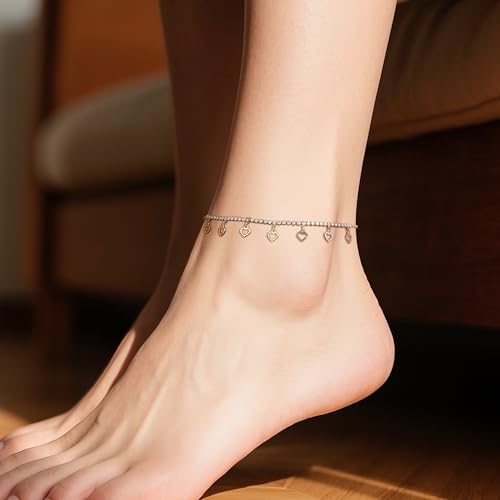 Silver Heart Charm Link Anklet for Women, Adjustable Handmade Cubic Zirconia Stackable Waterproof Summer Beach Chain Anklets Jewelry Accessories Gift - color: Gold Hollowed Heart