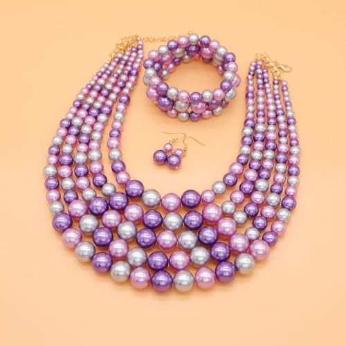 Faux Big Pearl Srand Necklaces for Women 5 Layers Pearls Choker Bib Collar Necklace Bracelet and Earrings set 1920s Costume Pearl Jewelry Bridal Wedding - color: colorful purple