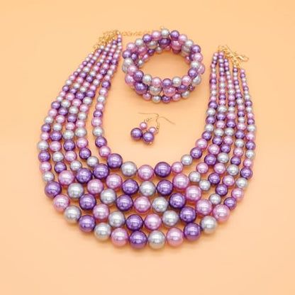 Faux Big Pearl Srand Necklaces for Women 5 Layers Pearls Choker Bib Collar Necklace Bracelet and Earrings set 1920s Costume Pearl Jewelry Bridal Wedding - color: colorful purple