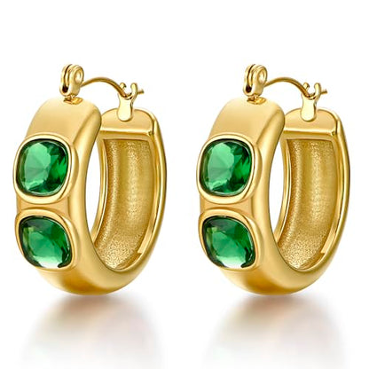 FRUMOS 18K Gold Plated Chunky Hoop Earrings for Women Fashion Thick Gold Hoops Set Jewelry for Birthday Christmas Gifts - color: Green CZ-2 Hoop