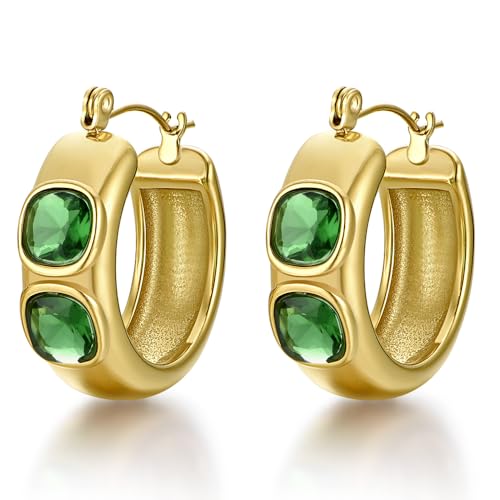 FRUMOS 18K Gold Plated Chunky Hoop Earrings for Women Fashion Thick Gold Hoops Set Jewelry for Birthday Christmas Gifts - color: Green CZ-2 Hoop