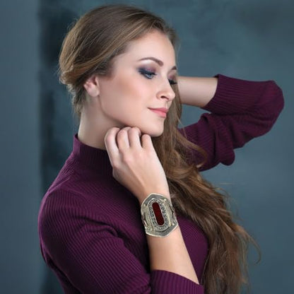 Afghan Baloch Tribal Wide Adjustable Cuff Bracelet for Women, Handmade Oxidized Alloy Wrist Cuff with Engraved Kuchi Inspired Design, Statement Bohemian Festival Jewelry, 0.8 to 3.5 Inch - style: Baloch Garnet Red