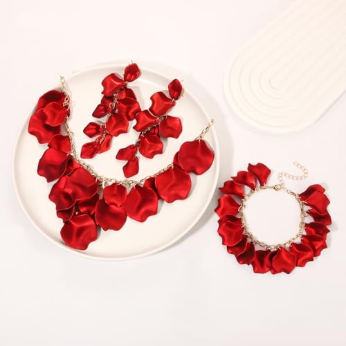 MOLOCH Flower Jewelry Sets for Women Rose Flower Petal Necklace Earrings Bracelets Set Layered Statement Accessories Summer Beach Party Jewelry Gifts - color: Red