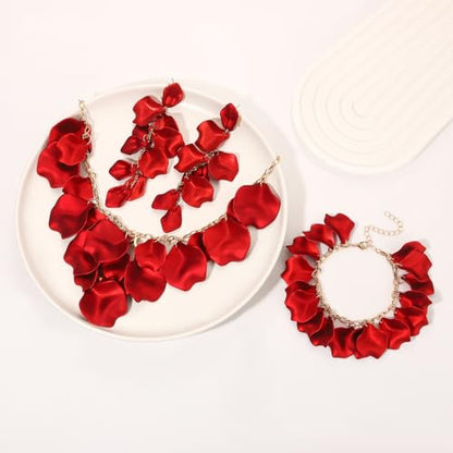 MOLOCH Flower Jewelry Sets for Women Rose Flower Petal Necklace Earrings Bracelets Set Layered Statement Accessories Summer Beach Party Jewelry Gifts - color: Red
