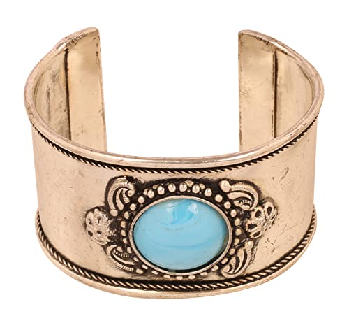 Touchstone Indian Bollywood Desire Brass Base Exotic Workmanship Free Size Cuff Bracelet in Antique Gold Or White Or Copper Tone for Women. - style: D121 Turquoise