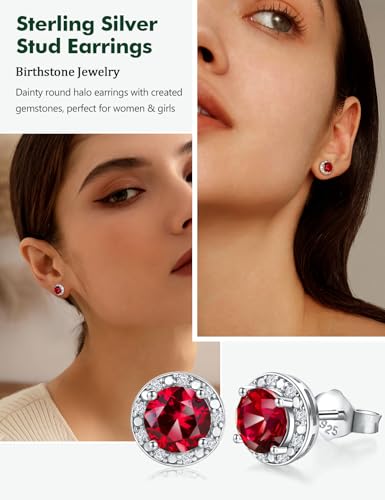 Dainty Birthstone Earrings for Women Sterling Silver Small Stud Earrings with Halo Cushion/Round Created Gemstone Earrings Birthstone Jewelry - style: B 07. July/created ruby-round cut