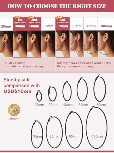 FOCALOOK 14K Gold Plated Lightweight Large Hoops| 2mm Thin Hoop Earrings for Women 30/40/50/70/100mm - color: 01.Black, size: 60mm