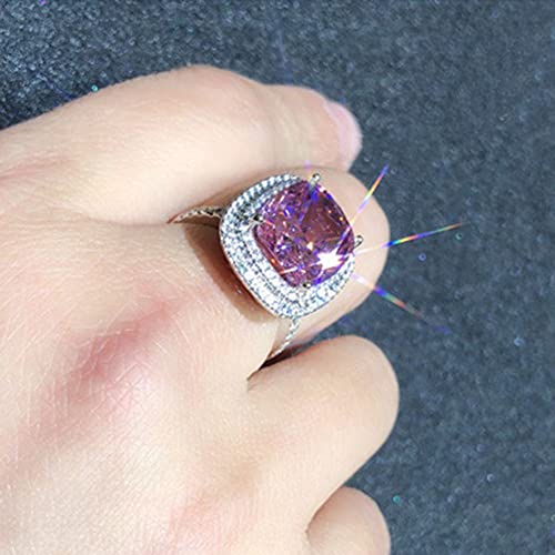 18K Gold Plated Princess Cut Pink Crystal Silver Ring with AAA White Cubic Zirconia Full Diamond Ring CZ Eternity Engagement Wedding Band Ring for Women Size 6-10 - color: 9
