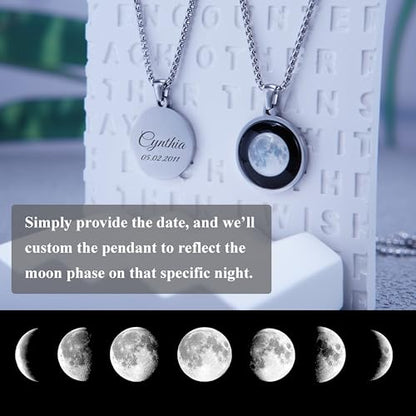 Custom Moon Phase Necklace Gift for Birthday | Personalized Name and Special Date Engraved Pendant with Gift Box, Handmade Jewelry for Birthday, Anniversary, or Memorial - style: Name & Date