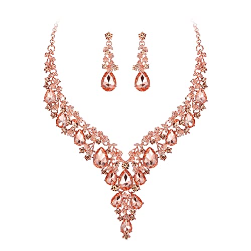 Wedding Bridal Necklace Earrings Jewelry Set for Women | Gorgeous Austrian Crystal Teardrop Flower Cluster for Bridal Bride Bridesmaid - color: 2Pcs-Peach Rose-Gold-Tone