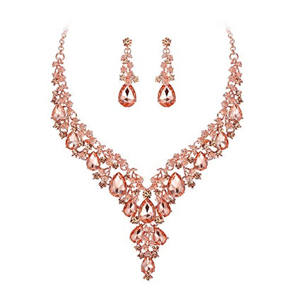 Wedding Bridal Necklace Earrings Jewelry Set for Women | Gorgeous Austrian Crystal Teardrop Flower Cluster for Bridal Bride Bridesmaid - color: 2Pcs-Peach Rose-Gold-Tone