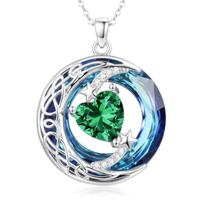 Birthstone Necklace for Women Crystal Moon and Star Pendant White Gold Celtic Moon Jewelry Birthday Graduation Gifts for Wife Her - style: Moon-5