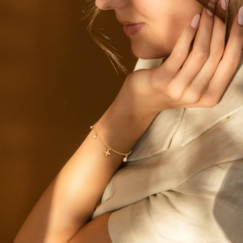 Gold Bracelets for Women, Dainty Friendship Charm Bracelet 14K Gold Plated Summer Shell Starfish Pearl Bracelet Cute Heart Charm Bracelets for Women Trendy Non Tarnish Beach Jewelry Gifts - color: Gold-Pearl