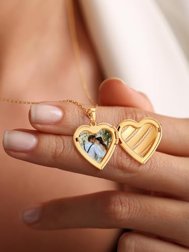 U7 Women Locket Necklace, Heart Photo Lockets Hold Picture, Gift Box Packed | Gold/Silver/Rose Locket Charm, Custom Picture and Engravement Heart Pendant, 20" Chain, Personalized Gift for Mom Wife Friend - color: 05# Gold Stripe