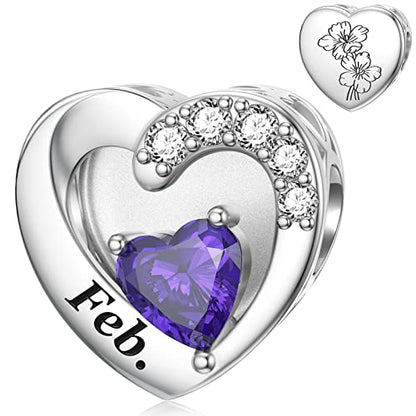 SEVENWELL Jan-Dec Birthstone Charms for Pandora Bracelets, Heart Charm | Fits Most European Charm Bracelets, Sparkling Heart CZ, Birth Flower Engraved, Gift Ready, Nickel-Free - color: February Birthstone Charm