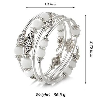 FULU AUTUMN Stackable Beaded Bracelets for Women Boho Wrap Silver Bracelet Layered Fashion Jewelry Gifts for Her - color: Porcelain White