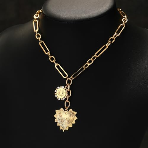 Chunky Gold Necklace for Women, 18K Waterproof Heart Necklace Statement Necklace Gold Charm Necklace Chunky Jewelry Paperclip Chain Choker Gift for Women - style: LOVE Coin Heart