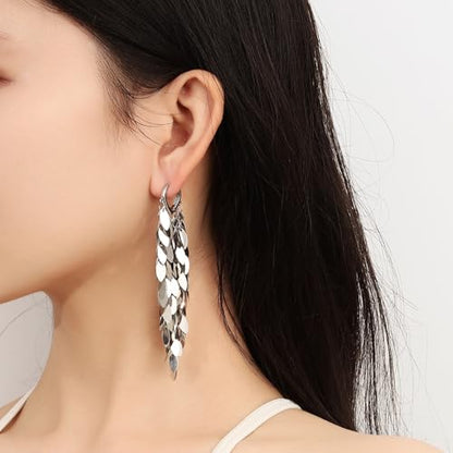 Long Dangle Earrings For Women, Fringe Chandelier Earrings Punk Metal Chain Earrings Hypoallergenic Lightweight Tassel Drop Earrings - color: Fringe-Silver