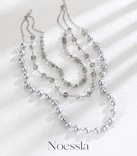 Noessla Layered Beaded Necklaces for Women - 3 Strand Boho Statement Choker Fashion Jewelry Gifts - color: Silver