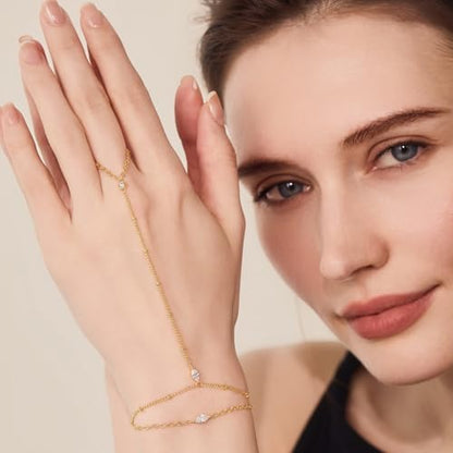 Cicy Bell Hand Chain Bracelets for Women 18K Gold Plated | Layered Stackable Dainty Ring Bracelets, Adjustable Satellite Bead Dot Link Finger Bracelets - color: Style B-Gold