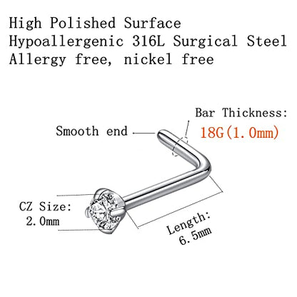316L Surgical Steel 22g/20g/18g Nose Rings Studs L-Shape Nose Nostrial Piercing Body Jewerly L Shaped Nose Studs 1.5mm 2mm 2.5mm 3mm CZ Nose Screw Studs Rings for Women - style: 6pcs/L-shape/18g/2.0mm Clear CZ/Silver