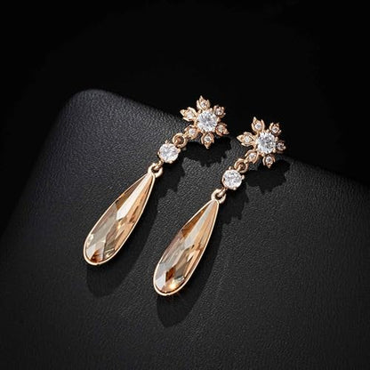 Austrian Crystal Teardrop Earrings Flower Dangle Earrings for Women 14K Gold Plated Drop Stud Earrings Hypoallergenic Jewelry - color: Light Topaz