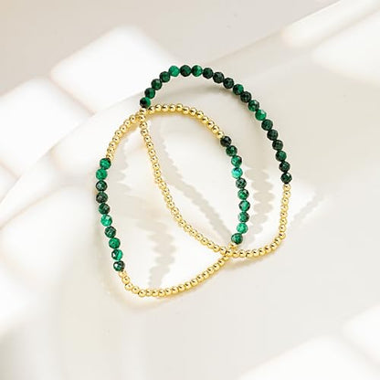 Kainier Gold Beaded Bracelets for Women 2Pairs 14K Gold Plated Stretch Bracelet Set Stackable Tarnish Dainty Natural Stone Bead Bracelets Gift - color: Malachite