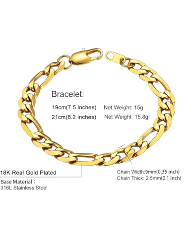 ChainsHouse Figaro Link Chain Bracelet for Men Stainless Steel Jewelry | Black/ Gold Bracelets Men, 6/9/13mm Figaro Cuabn Bracelets 7.5"/8.3", Chunky Hip Hop Wrist Hand Chain Bracelet for Gift - color: a: 9mm-gold