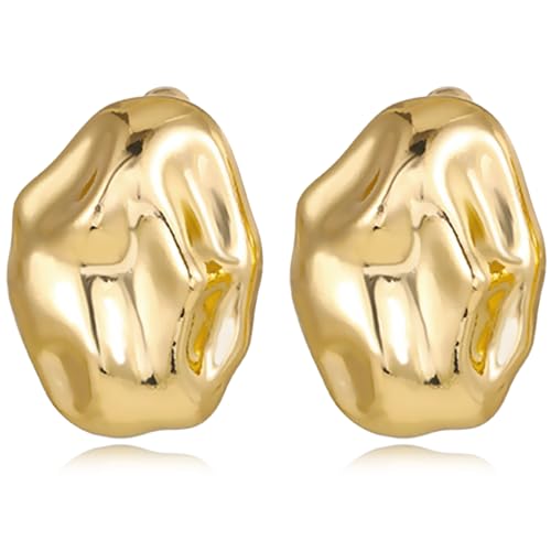 REELMAR Chunky Geometric Clip On Earrings for Women Trendy Gold-Plated Thick Hammered Rectangle Dupes Earrings Minimalist Statement Earrings No Piercing Clips - color: Irregular-Gold
