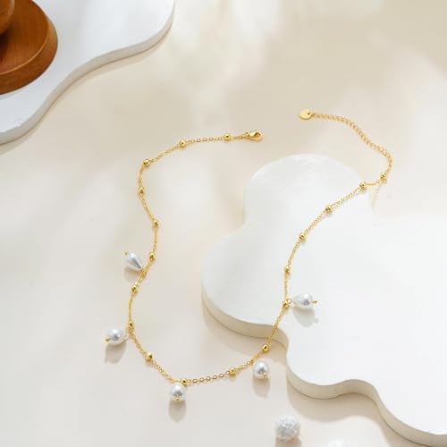 Gold Pearl Necklaces for Women Trendy, 14K Gold Plated Dainty Necklace Simple Layered Pearl Necklaces for Women Trendy Wedding Birthday Jewelry - color: 6-Satellite Pearl