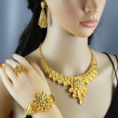 indian Women Jewelry Necklace Set african Dubai Bride Wedding Prom Fashion Jewelry 24K Gold Plated Necklace Bangles Rings Earrings - color: S-348