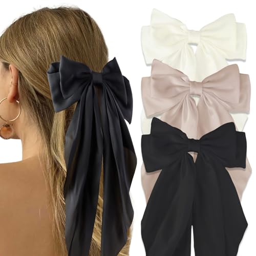 Canitor Hair Bows for Women Silky Satin Hair Ribbon Barrettes Clip Oversized Long Tail Hair Bows Cute Aesthetic Coquette Fashion Hair Accessories Preppy Teen Girl Gifts Trendy Stuff Things - color: 03-black,khaki,beige
