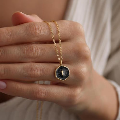 Tewiky Cross Necklace for Women 14k Gold Plated Cross Pendant Necklaces | Cute Necklaces for Women,Jewelry ,Graduation Gift for Her - color: Black