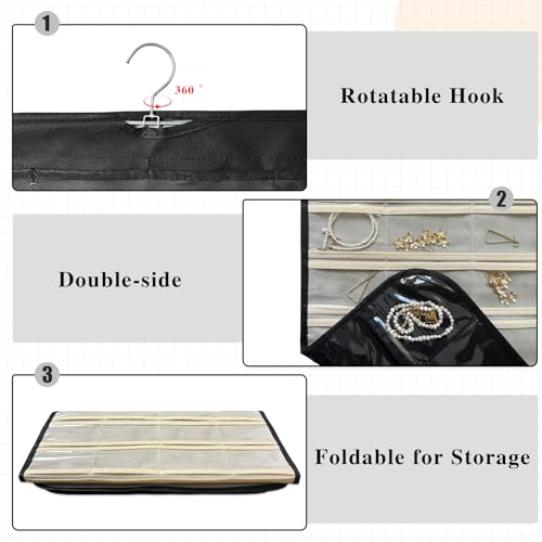 Hanging Jewelry Organizer, 80-Pocket Double-Sided Storage, 1-Pack, Black and Beige - color: Black and Beige