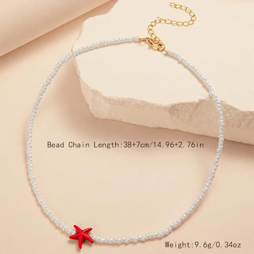 Seed Bead Choker Necklace for Women Bohemian Tiny Beads Choker Colorful Rice Bead Starfish Choker Summer Surfer Beach Necklace Jewelry Gift - color: J-Red Starfish