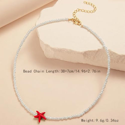 Seed Bead Choker Necklace for Women Bohemian Tiny Beads Choker Colorful Rice Bead Starfish Choker Summer Surfer Beach Necklace Jewelry Gift - color: J-Red Starfish