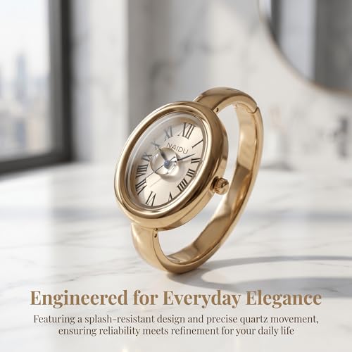Women's Oval Bangle Watch, Elegant Open-Cuff Bracelet Wrist Watch with Roman Numeral Dial, Minimalist Luxury Fashion Quartz Watch for Ladies - color: Gold/White