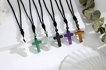 QINJIEJIE Cross Crystal Necklace Adjustable Black Rope Natural Gemstone Quartz Stone Necklaces for Men Women Father's Day Gift - color: Purple - Amethyst