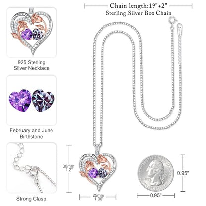 Iefil Birthstone Necklace for Women - Rose Heart Necklace | 925 Sterling Silver, Gift Box Packaging, Anniversary Birthday Gifts for Wife Mom Daughter - color: 02-06-Feb-Jun Birthstone