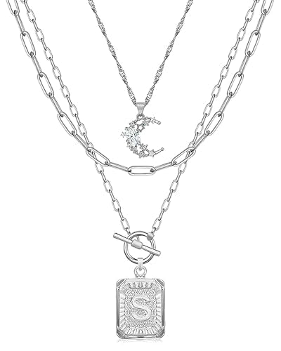 MJartoria Layered Initial Necklaces for Women Trendy, 14K Gold Plated Brass Simple Moon Choker Square Letter Pendant Necklace, Paperclip Chain Necklaces Jewelry Gifts - color: Silver, style: S