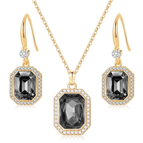 EVEVIC Octagon Austrian Crystal Necklace and Earrings Jewelry Set for Women | 14K Gold-Plated,Octagon-Cut Crystal with CZ Halo Shine,Adjustable Chain Fit,Elegant Sets for Weddings and Galas,Gift Box - color: Black Crystal