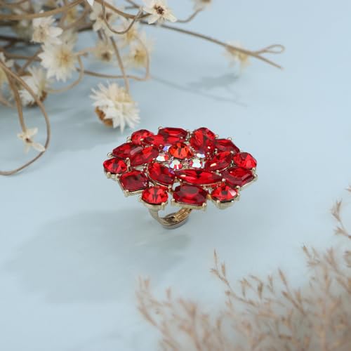 Xerling Red Rhinestone Big Flower Rings Women Crystal Cocktail Party Rings Bridal Wedding Prom Ring Aesthetic Costume Rings for Teens - color: Red