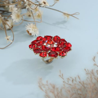 Xerling Red Rhinestone Big Flower Rings Women Crystal Cocktail Party Rings Bridal Wedding Prom Ring Aesthetic Costume Rings for Teens - color: Red