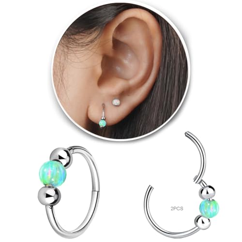 2 Pcs Small Cartilage Hoop Earrings for Women Men, 18G Opal Silver Earrings Hypoallergenic 316L Surgical Steel Hinge Huggie Hoop Earrings for Helix,Tragus,Conch,Rook,Earlobe Piercing Jewelry Nose Ring - style: 2Pcs 10mm Green Opal/Silver