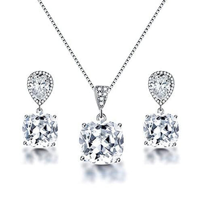 Elegant Jewelry Set for Women Silver Teardrop CZ Drop Earrings and Necklace | Square Teardrop Cubic Zirconia Rhinestone Jewelry Sets Bridal Jewelry Sets for Wedding Bride Bridesmaids Mother of Bride - style: Shining Beauty
